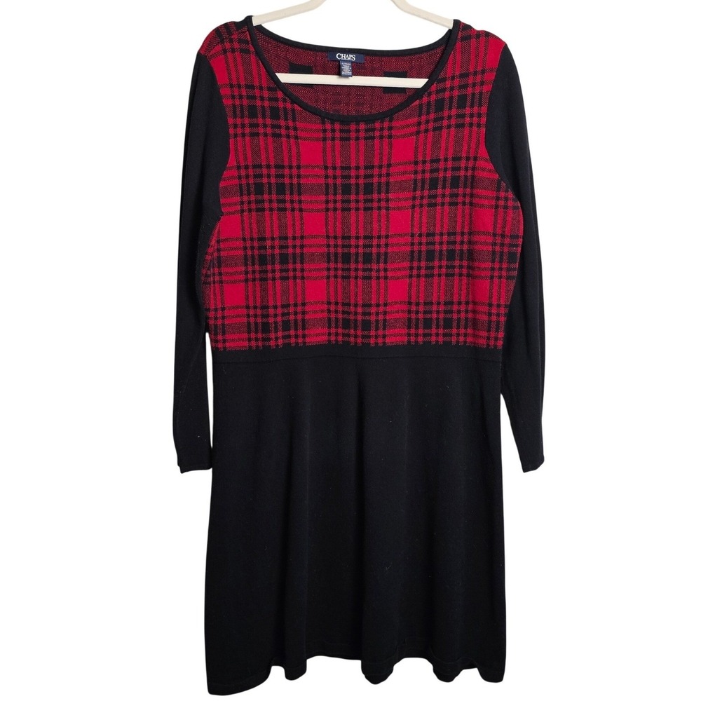 Chaps‎ Women XL Red Black Plaid Long Sleeve Sweater Dress EUC